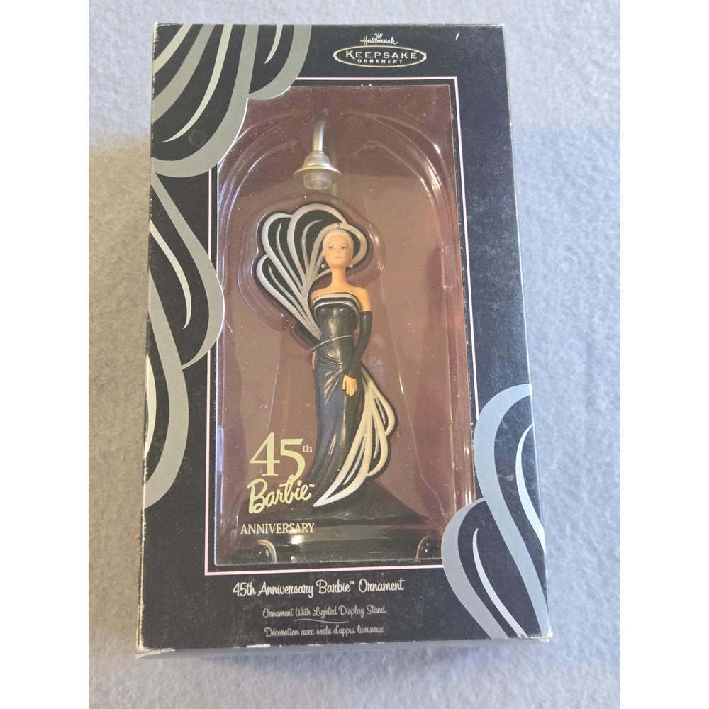 Hallmark Keepsake 45th Anniversary Barbie Ornament 2004 Black Gown Lighted Stand